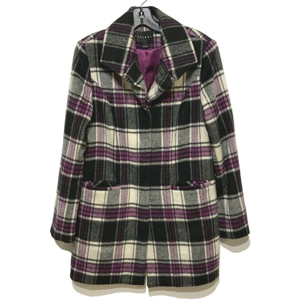 Tribal Women's Winter Pea Coat Purple Black Plaid White Size 6